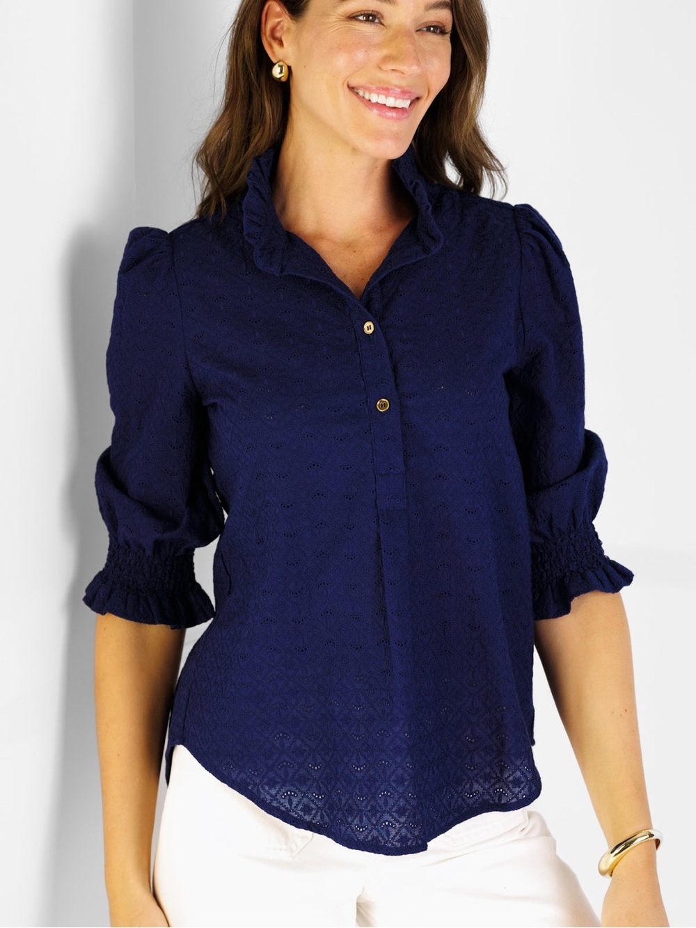 Tuckernuck Duffield Lane Percy Popover Top Navy Eyelet - Picture 6 of 6